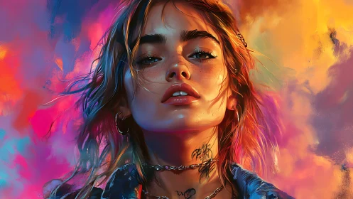 Defiant young woman emerges against vivid neon sunset haze