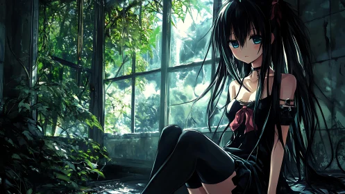 Dark-haired anime girl seated in overgrown glass room interior.