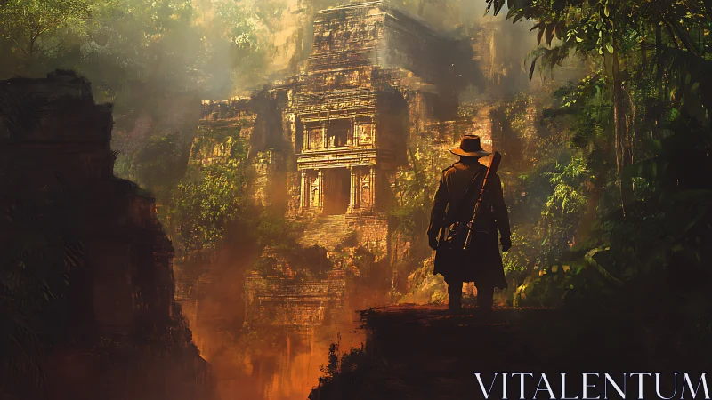Explorer observing ancient jungle temple at sunrise.
