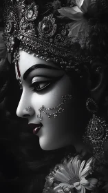 Moonlit goddess profile crowned in jeweled midnight blooms.