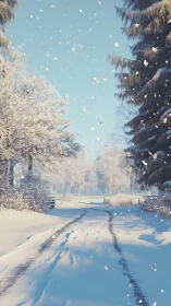 Snowy forest lane under bright blue winter sky.