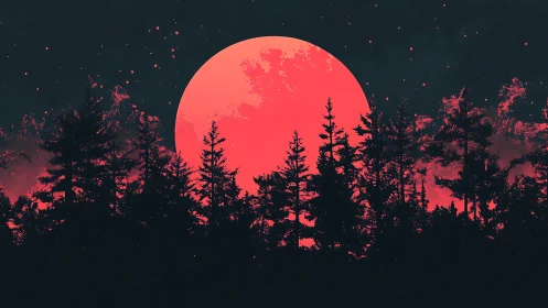 Red Moon Rises Over Silhouetted Forest.