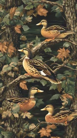 Mallard ducks rest on autumn branches in dense woodland.