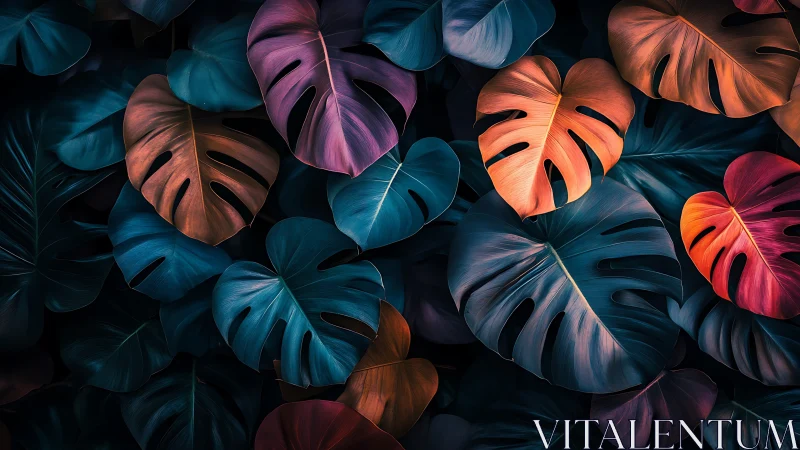 Luminous tropical leaves glowing in rich twilight colors.