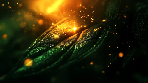 Glowing emerald leaves catch golden light amid floating sparks