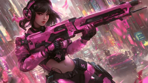 Neon-pink street guardian in a dazzling cyber city storm.
