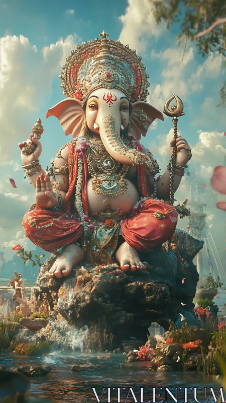 Majestic elephant deity glows above a jewel bright river.