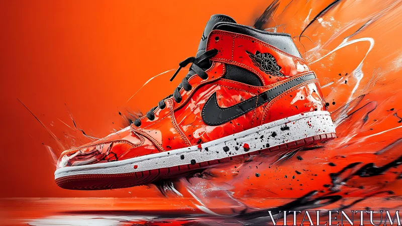 Dynamic red sneaker bursts through energetic paint splashes.