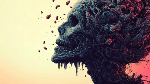 Grotesque skeletal bust dissolves in tendriled organic decay.