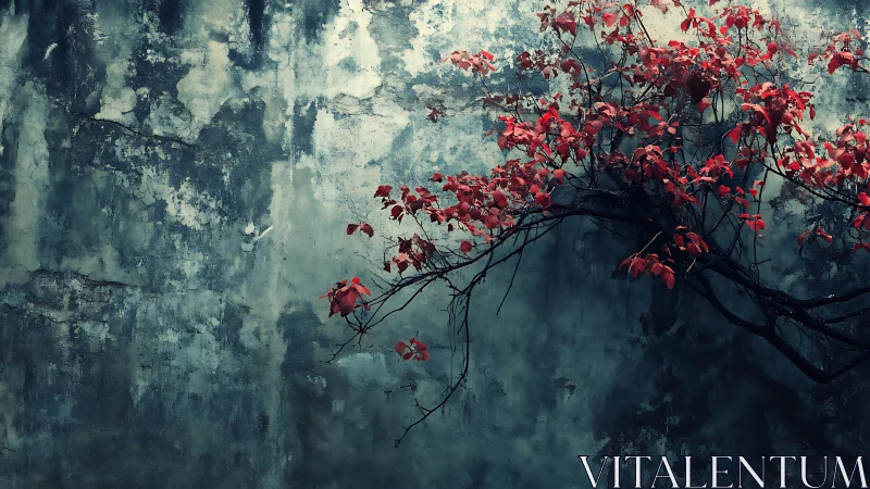 Red Leaves Branch Against Weathered Concrete Wall, Moody Minimalism.