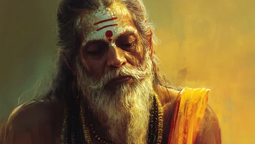 Gentle elder monk closes his eyes in quiet golden light