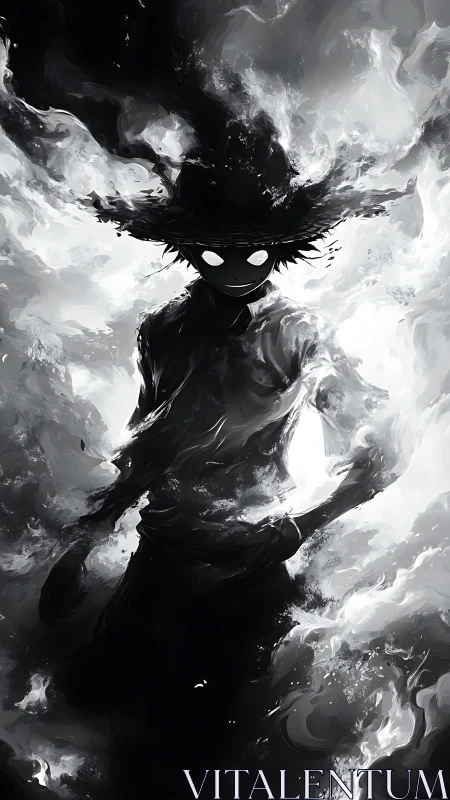 Dark figure in hat stands amid swirling monochrome flames