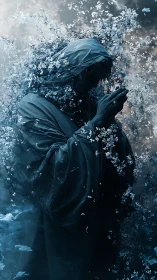 Hooded stone figure dissolves into icy blossom storm.