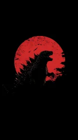 Graphic silhouette kaiju profile against crimson sun circle.