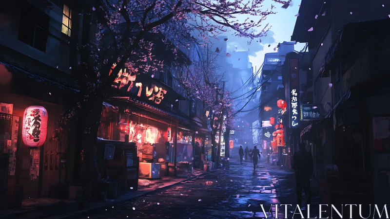 Neon lit Japanese alley with cherry blossoms at dusk.