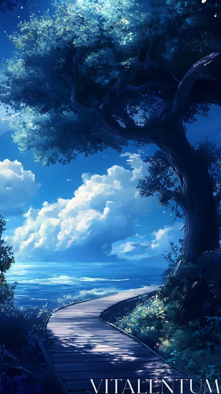 Digital painting seafront boardwalk under luminous blue canopy.