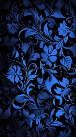 Electric blue floral arabesque curls over black background