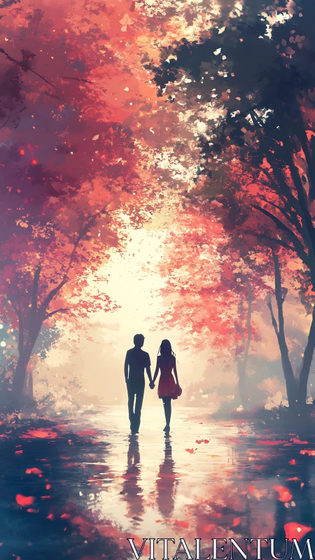 Two Figures Walking Through Autumn Forest in Golden Light.