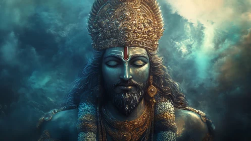 Digital deity portrait with ornate crown against clouds.