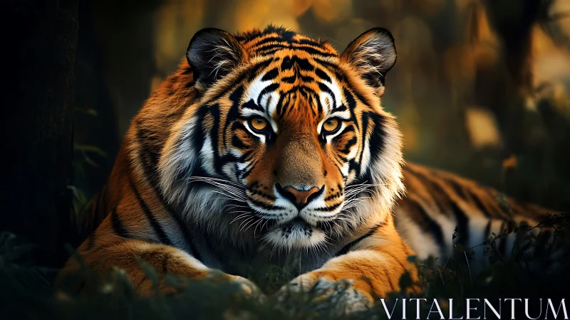 Resting tiger in dim forest under soft directional light.