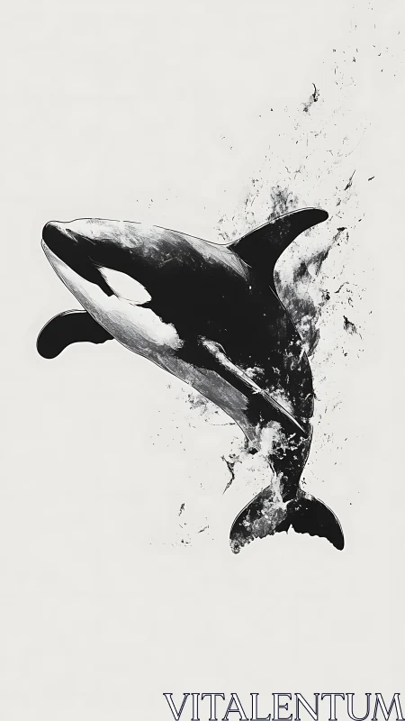 Monochrome orca leaps through abstract ink splash void.