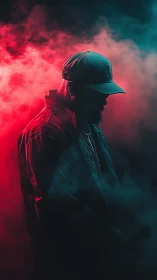 Silhouetted man in cap stands in red and teal atmospheric smoke