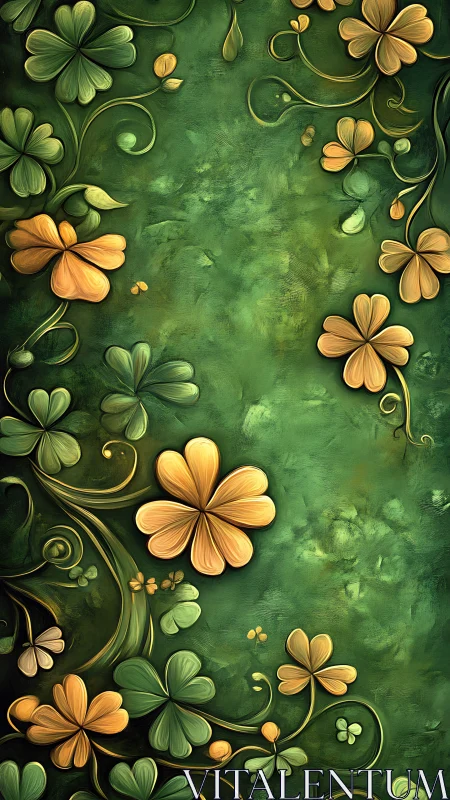 Golden clover blossoms dancing across lush green swirls.