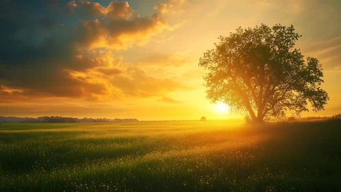 Sunset light passes through solitary tree on open grassland