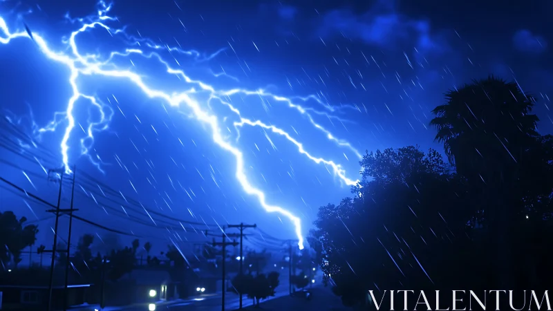 Intense blue lightning over rainy urban street at night.