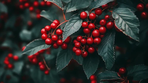 Ruby red berries glow softly against deep green garden leaves