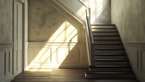Sunlit wooden staircase with high-contrast volumetric lighting.