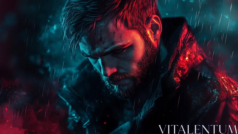 Cyberpunk rain portrait with dual-tone cinematic lighting.