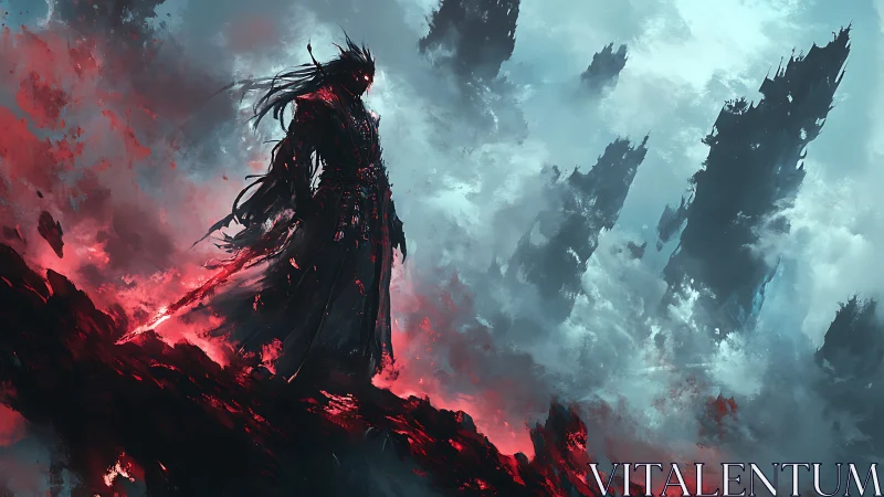 Shadowblade wanderer on a burning sky rift cliffside.