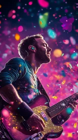Digital painting of guitarist in luminous confetti burst stagescape.