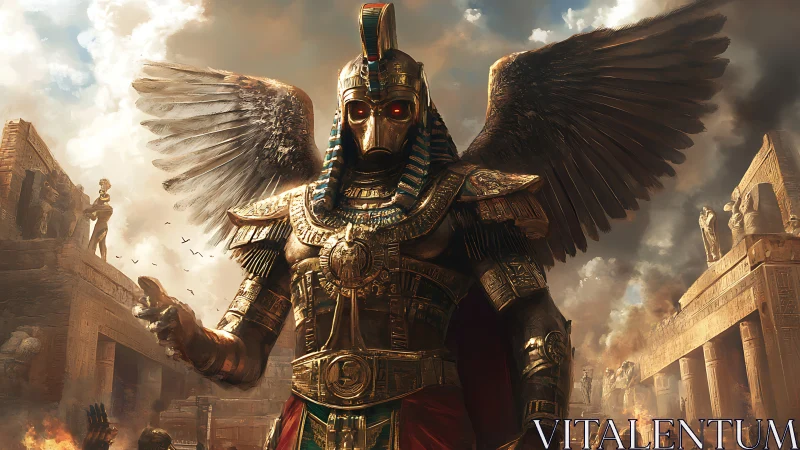 Winged armored figure stands in ancient Egyptian ruins