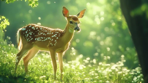 Sunlit fawn pauses in a glittering woodland daydream.