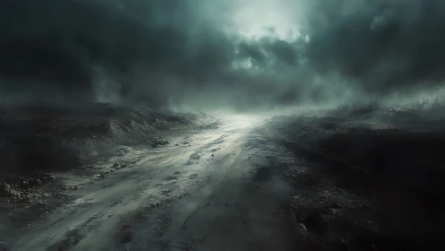 Desolate muddy road stretches into a storm-lit wasteland sky