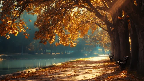 Photorealistic autumn riverside path with dappled light study.