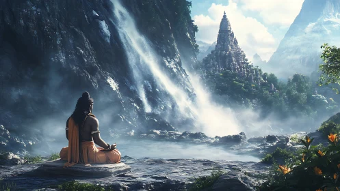 Mountain meditation welcomes a misty temple across waterfalls