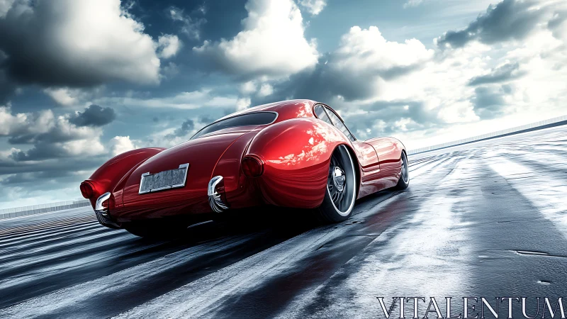 Curvy red sports car gliding toward a dramatic open sky.