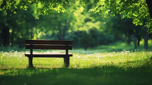 Photorealistic park bench under dappled canopy lighting.