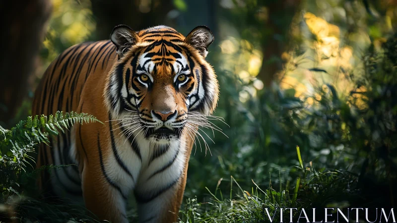 Tiger emerges from shaded forest under selective rim lighting