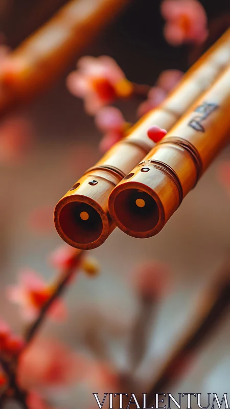 Twin bamboo flutes hang quietly among soft spring blossoms.