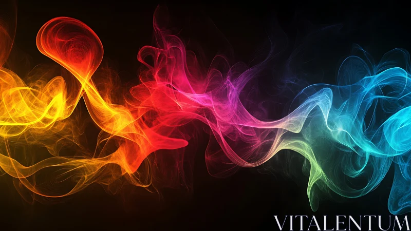 Multicolored luminous smoke waves curve across black background