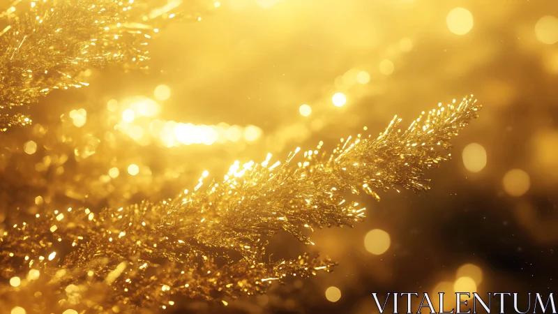 Golden tinsel branches under warm festive bokeh glow.