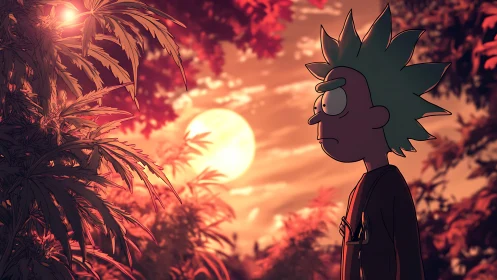 Cartoon scientist drifts through ember dusk beside wild leaves.