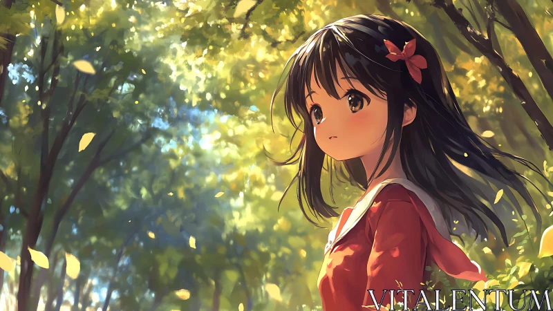 Anime girl in red coat standing in soft sunlit forest scene.