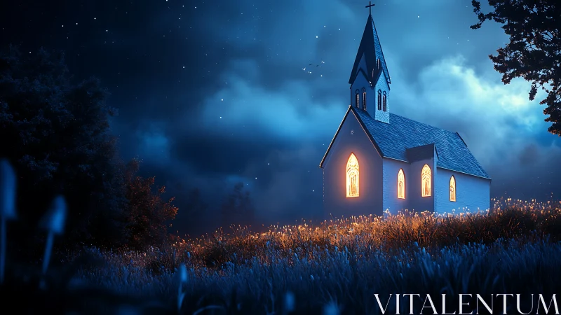 Nocturnal chapel rendered in luminous cinematic digital painting