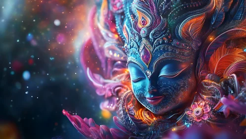 Radiant cosmic goddess smiles in swirling neon blossoms