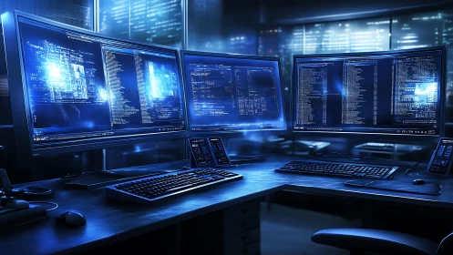 Triple monitor workstation displays dense blue coding interfaces